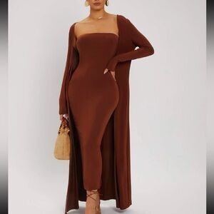 Brown tube long dress with matching cardigan